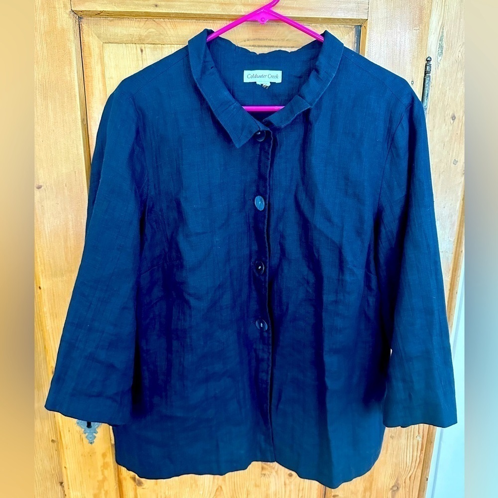 Coldwater Creek Linen Jacket Button Down W/Peter Pan Collar Dark Navy Size L